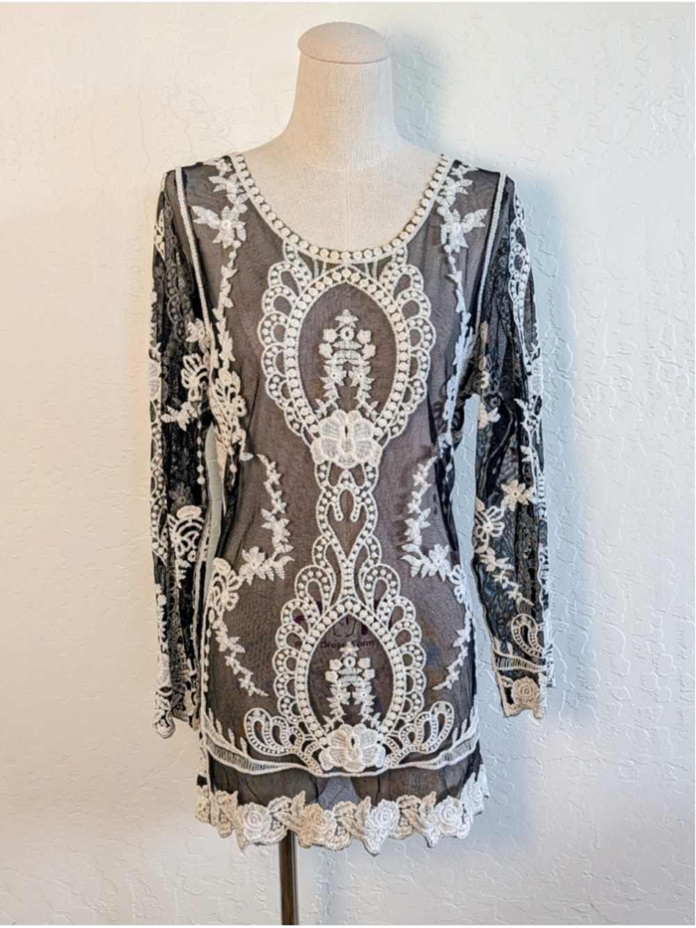 YouareNotAlone Black Mesh Embroidered Lace Boho Tunic Top Small Festival Romance - Picture 3 of 11